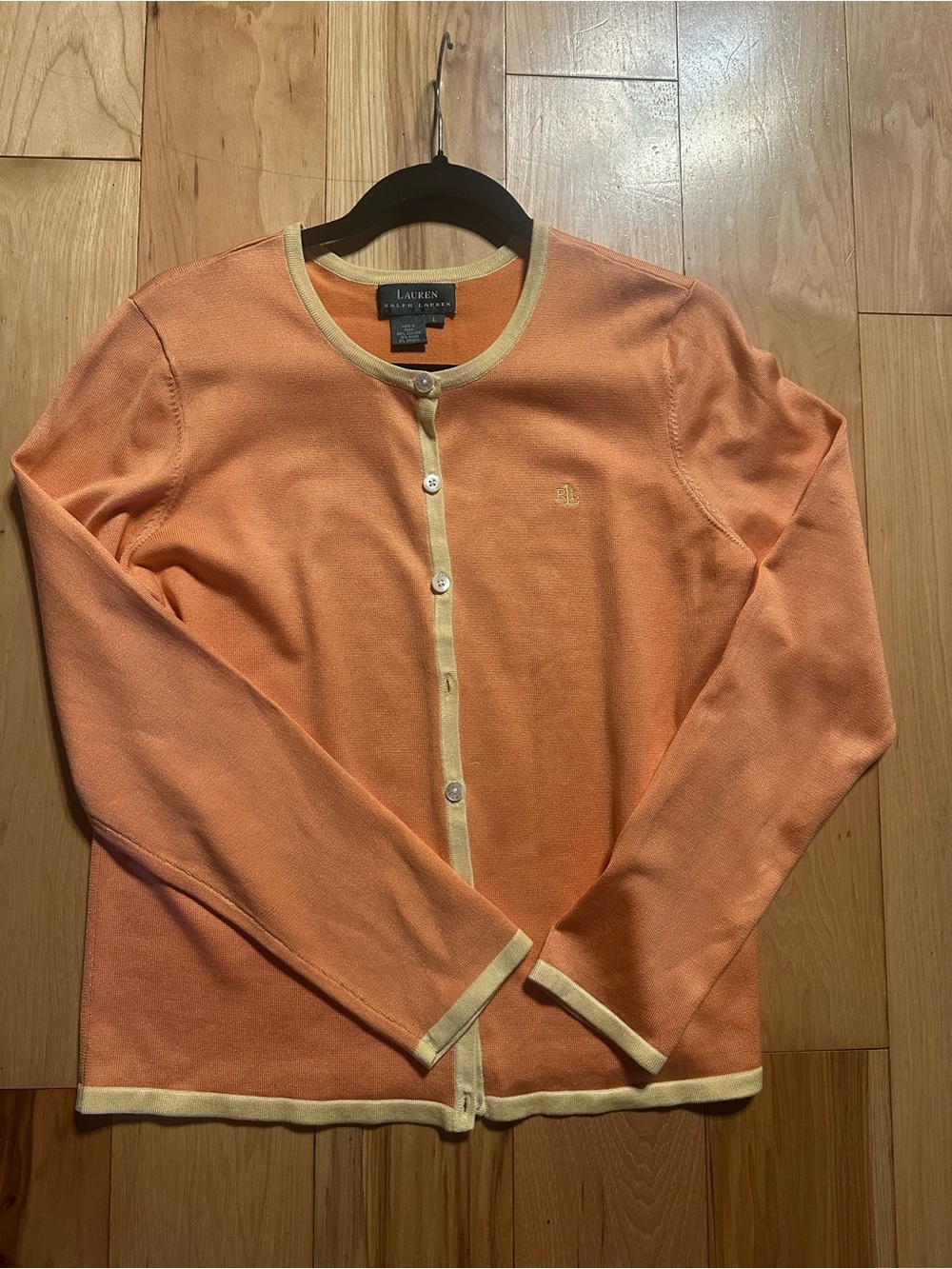 Lauren Ralph Lauren Orange Crewneck Button-Front Cardigan with Cream Trim